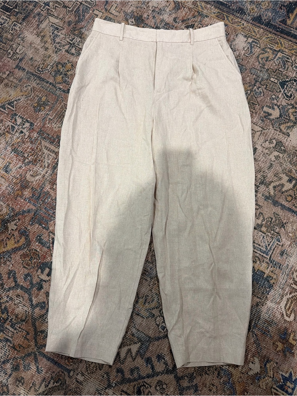 Zara Classic Pleated Linen-Blend Pants in Light Beige